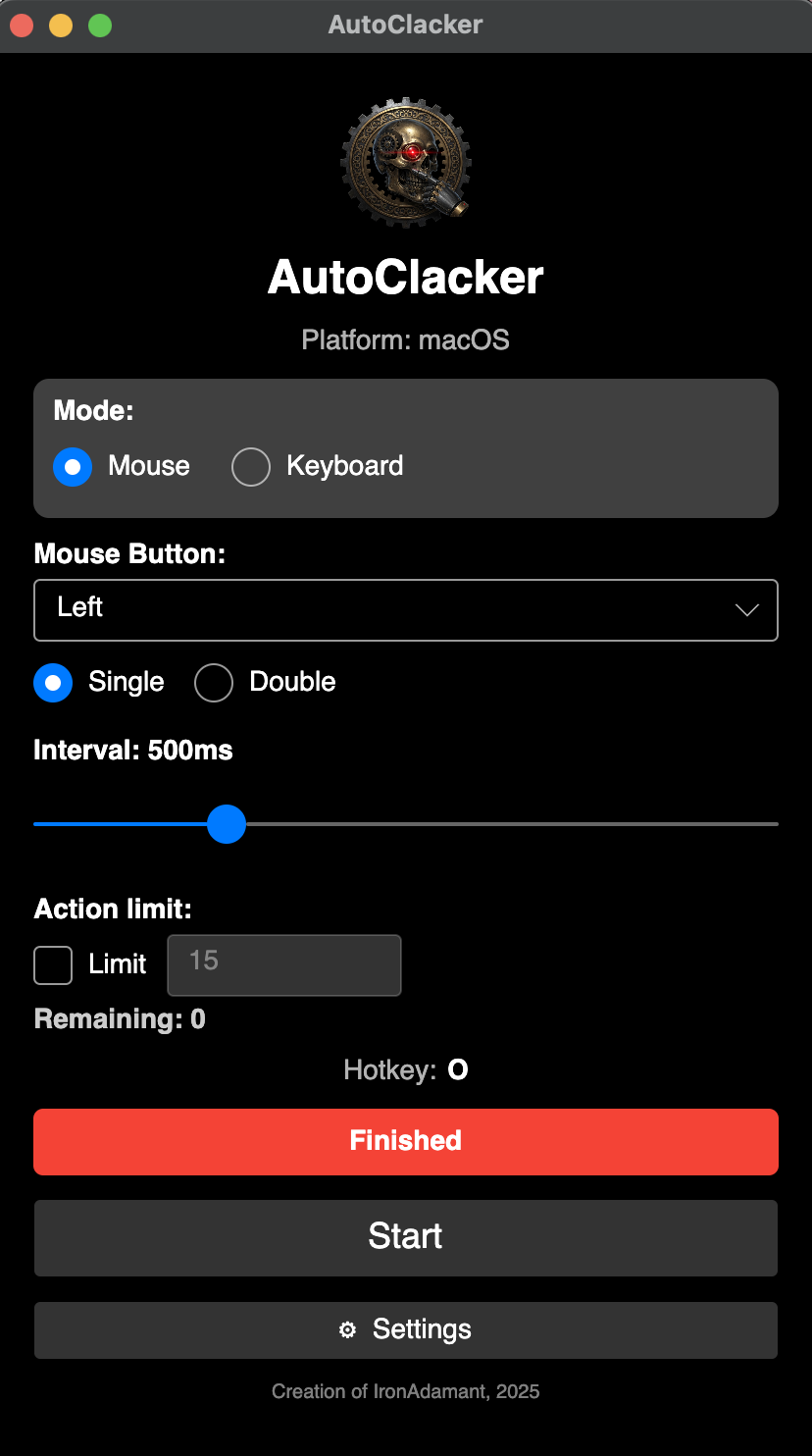 AutoClacker on macOS — mouse and keyboard automation with optional action limit