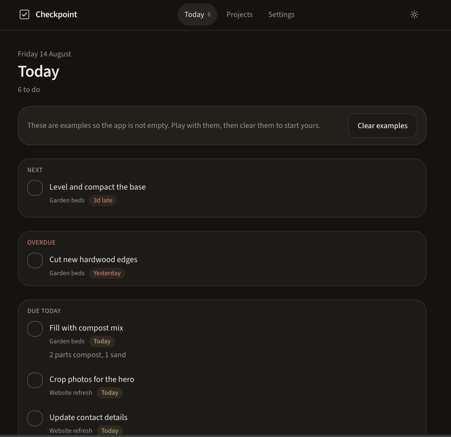 Checkpoint Today view — next, overdue, and due-today tasks in a dark local-first notebook