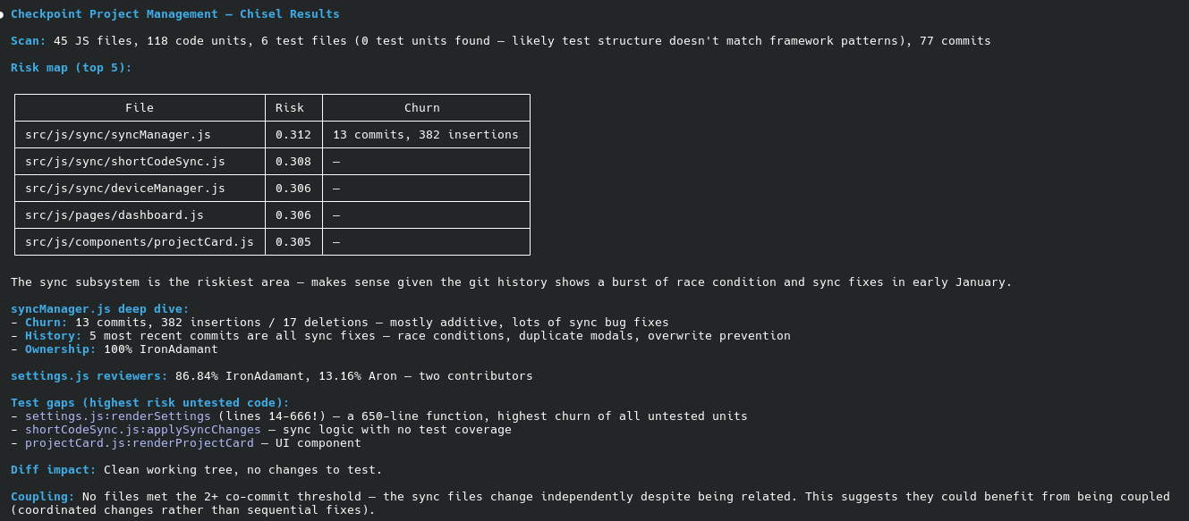 Chisel risk map and test impact analysis UI