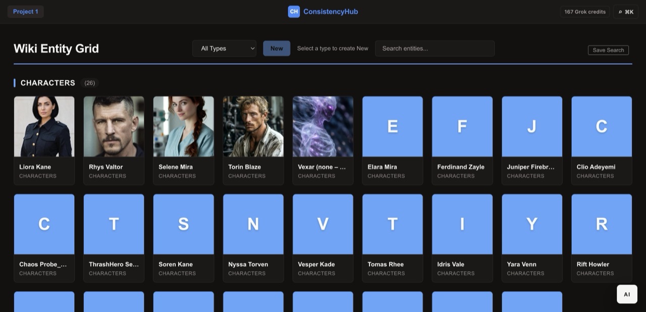 ConsistencyHub wiki entity grid with character portraits and letter tiles
